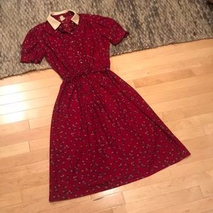 VINTAGE Red Dress with Florals and Pearl Buttons